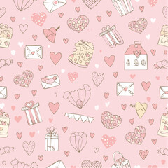 Seamless vector pattern with romantic doodle drawings in line art style. Coquette pink background for valentine's day, wedding, dating event. Cute texture with outline whimsical ...