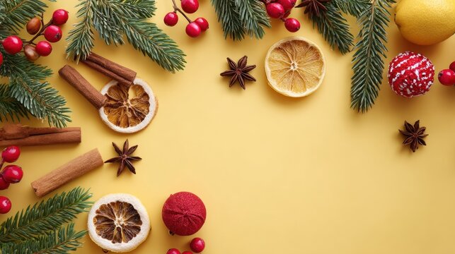 Close-up of Christmas tree branches decorated with oranges, cinnamon sticks, and star anise in warm holiday colors. - Powered by Adobe