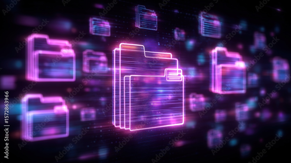 Poster abstract network grid with files and folders, futuristic software interface, digital document manage