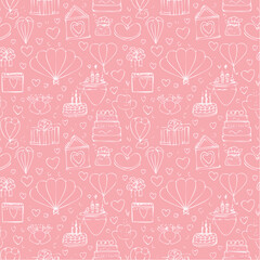 Seamless vector pattern with romantic doodle drawings in line art style. Coquette pink background for valentine's day, wedding, dating event. Cute texture with outline whimsical ...
