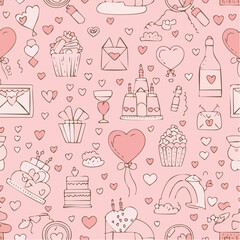 Seamless vector pattern with romantic doodle drawings in line art style. Coquette pink background for valentine's day, wedding, dating event. Cute texture with outline whimsical ...