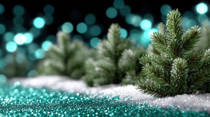 Small pine tree covered in snow with a vibrant green blurred background in daylight.