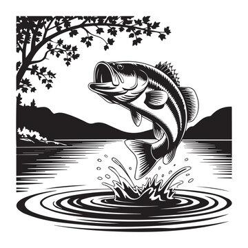 black and white jumping bass in water clip art preview