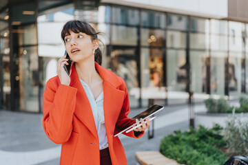 A professional woman in a vibrant orange coat holds a tablet while talking on a mobile phone, showcasing modern multitasking skills in a vibrant urban setting.