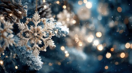 White snowflake ornament hanging on tree branch with blurred warm holiday lights in the evening background.