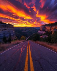 Stunning desert road during sunset showcasing a vibrant pink and orange sky landscape