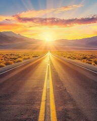 Serene desert highway at dusk under a vibrant pink and orange sky for a tranquil escape
