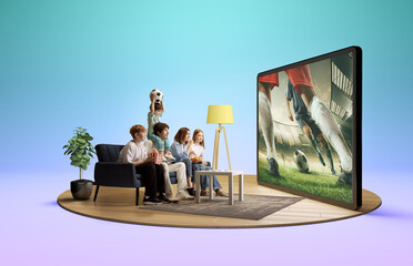 Family with kids watches an intense soccer game on a large screen in a modern living room. 3D...