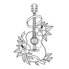A line art drawing of an acoustic guitar adorned with hibiscus flowers and a ribbon