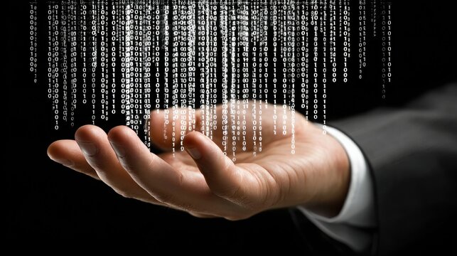 A hand in a business suit open with cascading binary code above, symbolizing data, technology, and digital information flow.