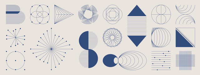 Abstract minimal element mid century modern vector set. Aesthetic contemporary stripe line art, geometric shape in blue indigo. Art form design for wall art, decoration, wallpaper.