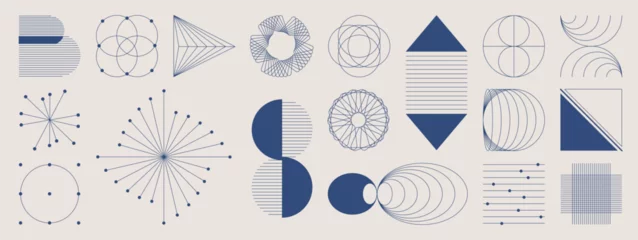 Fototapete Abstract minimal element mid century modern vector set. Aesthetic contemporary stripe line art, geometric shape in blue indigo. Art form design for wall art, decoration, wallpaper. © TWINS DESIGN STUDIO