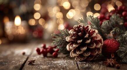 Pine cone and red berries arranged on wooden table with natural light, autumn decor concept.