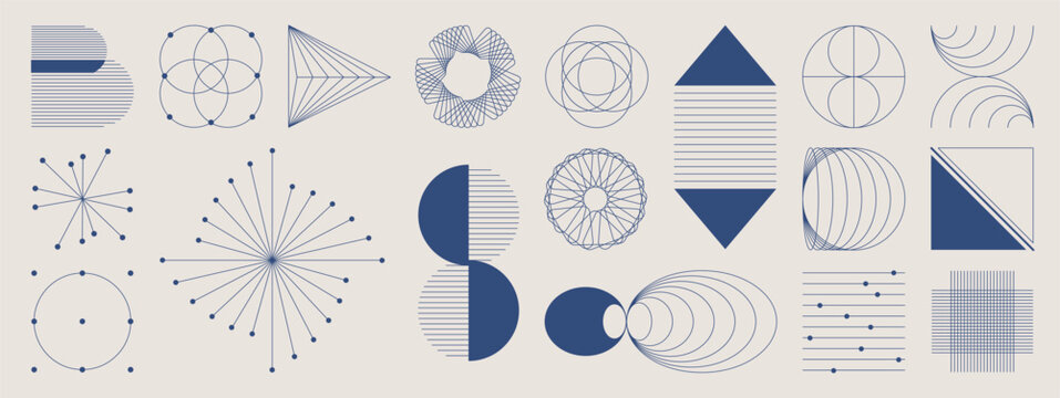 Abstract minimal element mid century modern vector set. Aesthetic contemporary stripe line art, geometric shape in blue indigo. Art form design for wall art, decoration, wallpaper. - Powered by Adobe