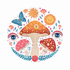 Vector set of 60s and 70s psychedelic clipart. Retro groovy mushrooms, flowers, eyes, sun, moon, butterfly. Cartoon hippie stickers. Vintage boho illustrations. Abstract trippy ...