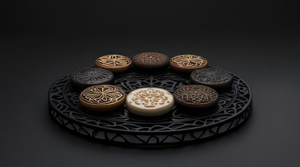 Elegant Circular Arrangement of Ornate Discs on a Black Filigree Tray