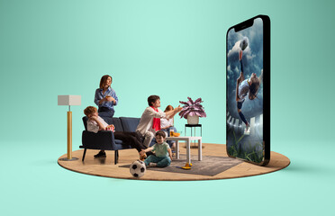 Family of all ages gather around a big phone showing a dynamic scene of a female soccer player in action. 3D island composition. Concept of digital fan experience and social bonding