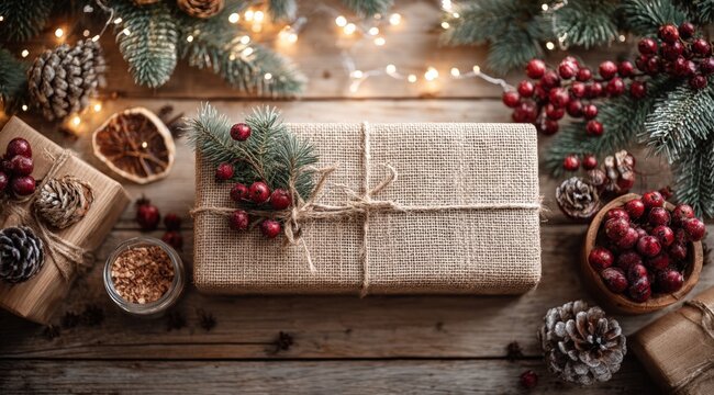 Rustic arafat scarves wrapped in burlap, tied with twine and decorated with pine cones on a wooden surface.
