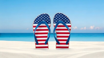 American flag flip flops resting on a sandy beach with ocean background