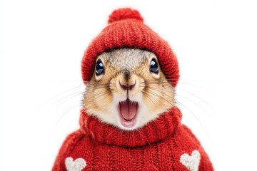A Cute Squirrel Wearing a Red Sweater and Hat with Hearts, Captured in an Adorable Expression Against a White Background