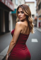 Fototapeta premium Woman with deep red dress posing confidently on a city street