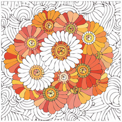 Contour groovy flowers in 70s and 60s style. Vintage hippie outline bouquet. Psychedelic seventies daisies. Vector coloring page.