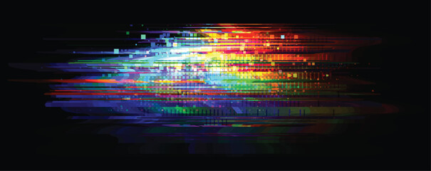Vector glitch multicolor pixel horizontal distortion. Abstract digital noise effect with vivid color transitions and RGB scatter.
