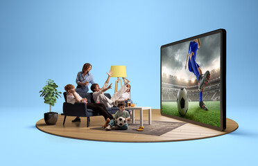 Family excitedly watching a soccer game on a large digital screen. 3D island composition. Concept...