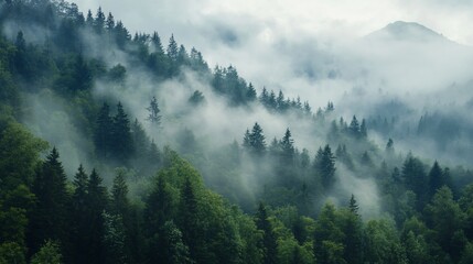 Mystical Mountain Forest in Morning Fog, Serene and Atmospheric Landscape