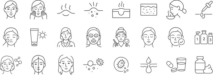 Acne causes, treatments and skincare routines shown in a dermatology icon set. Includes inflammation, hormonal triggers, topical products and hygiene practices vector illustration.