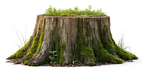Tree stump covered in moss and grass isolated on white background