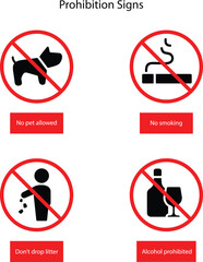 Prohibited circle sign for pets, smoking, litter, and alcohol. Prohibition red icon. Ban icon. Red circle with a cross line symbol. Caution frame symbol. Forbidden sign.