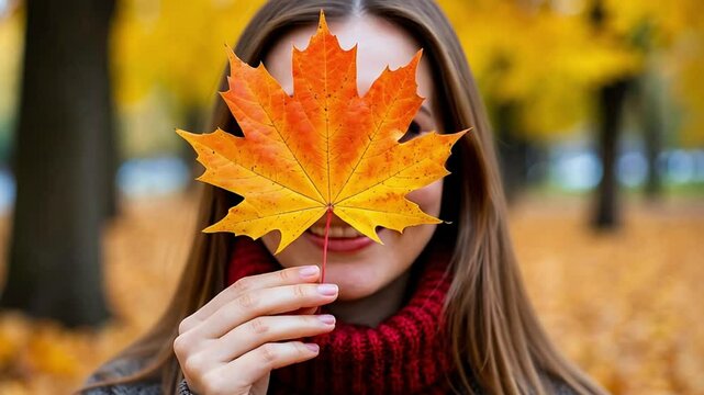Young Caucasian woman with long brown hair holds an orange maple leaf in front of her face. Autumn foliage surrounds her in a park setting.