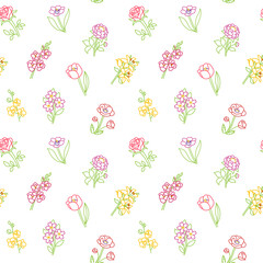 Floral seamless pattern. Flower vector set. Hand drawn color sketch collection. Marker drawing style