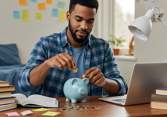 A young man meticulously saving money in a piggy bank, surrounded by books and a laptop, suggesting financial planning and student life.