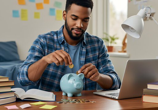 A young man meticulously saving money in a piggy bank, surrounded by books and a laptop, suggesting financial planning and student life.