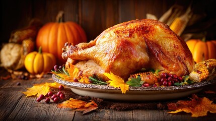 Roasted turkey with autumnal decorations on a platter.