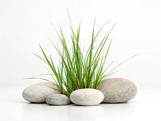 Green grass with smooth stones isolated on white background