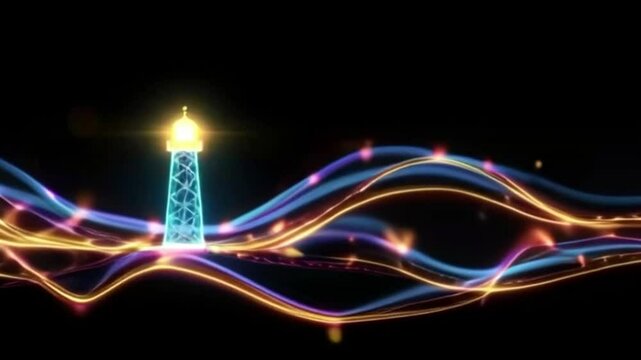 Illuminated Minaret on Abstract Waves