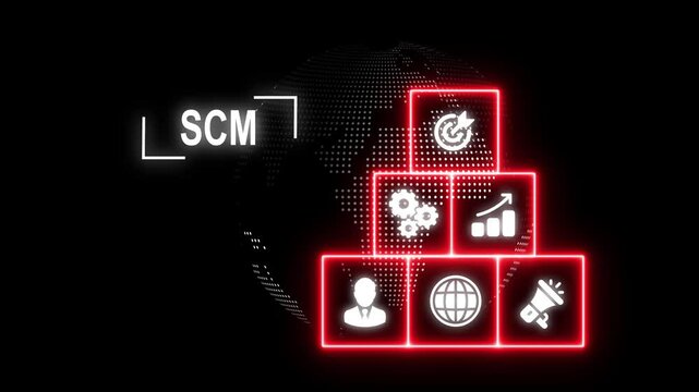 SCM - Supply Chain Management.  Supply Chain Management SCM. Aspects of Modern Company Logistics Processes.Digital Earth globe rotating animation, Clean Hi-tech technology background. holographic HUD 