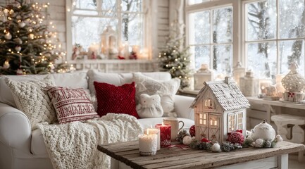 Cozy Christmas living room with white couch, wooden table, lit candle, festive decor, and warm lighting.