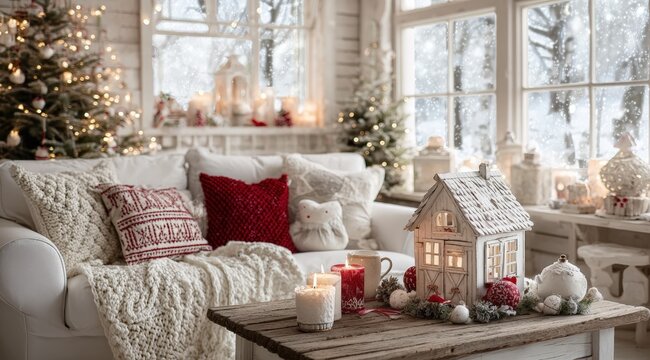 Cozy Christmas living room with white couch, wooden table, lit candle, festive decor, and warm lighting.