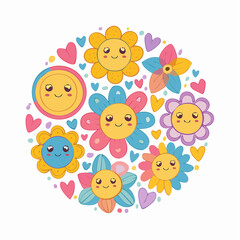 Obraz premium Set of abstract y2k shapes and badges. Geometric templates, smiling faces, flowers, hearts, patches. Groovy and psychedelic stickers. Fun graphic for poster and collage design. Vector ...