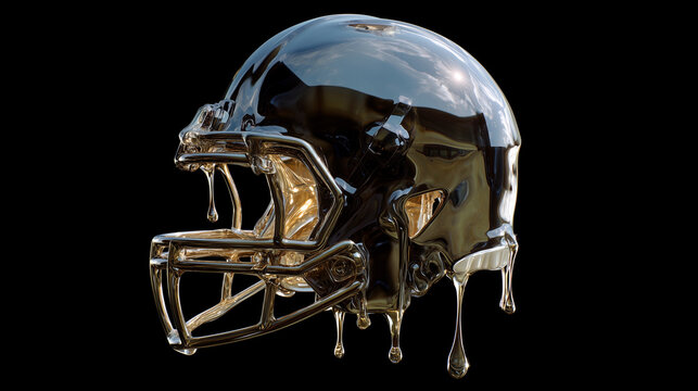 A chrome American football helmet melting and dripping in a surreal artistic concept, symbolizing intensity, heat, and transformation in modern sports design.
