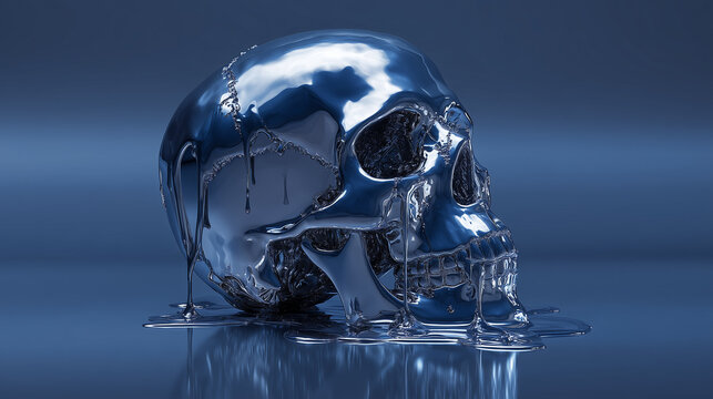 A chrome skull melting and dripping with metallic liquid, creating a surreal and futuristic art concept with reflections and fluid motion.
