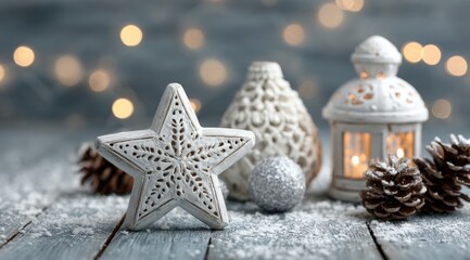 Three white star decorations and a lantern arranged on a wooden table with soft lighting.