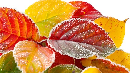 Frosted fall leaves spread across a crisp white surface, capturing autumn s beauty