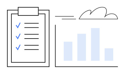 Clipboard with marked checklist, bar chart with rising trend, and cloud line. Ideal for productivity, goal tracking, data analysis, reporting, success, business growth simple flat metaphor