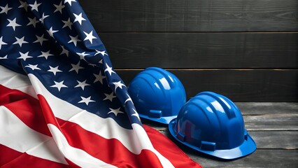 American flag and blue hard hats on a dark wooden surface
