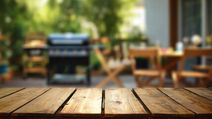 Wooden Table with Blurred Labor Day Cookout Background and Outdoor Furniture

